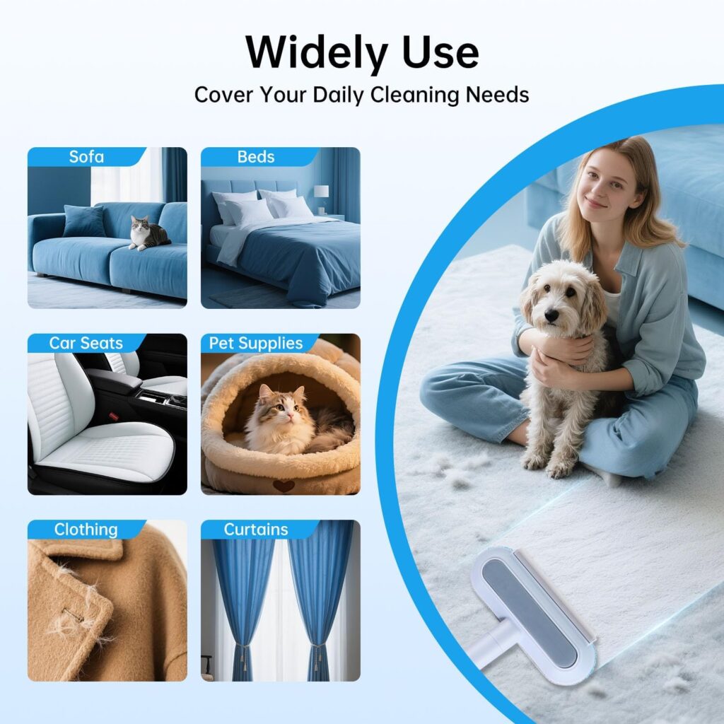 "Pet hair removal tools in action on sofa and carpet with happy dog nearby"