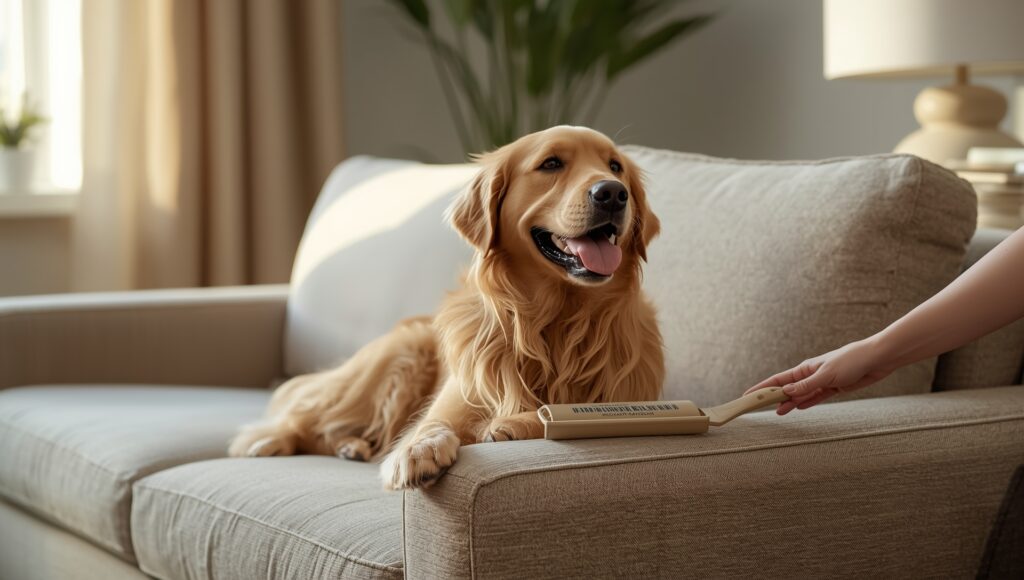 "Person using lint roller to remove pet hair from sofa beside a happy dog in a cozy living room"