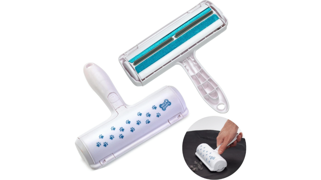 Pet hair removal tool cleaning fur from carpet and sofa