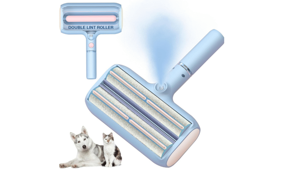 Double roller pet hair remover tool lifting fur from sofa upholstery