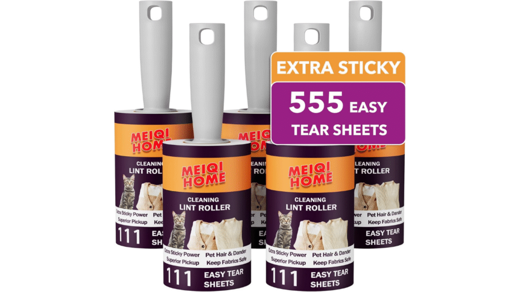 Extra sticky lint roller picking up pet hair from clothing and sofa
