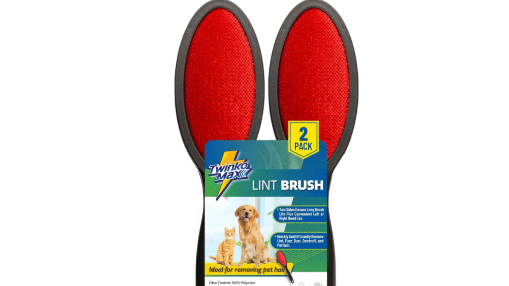 Twinko Max Lint Brush removing pet hair, lint, and fuzz from clothes, furniture, and car seats.