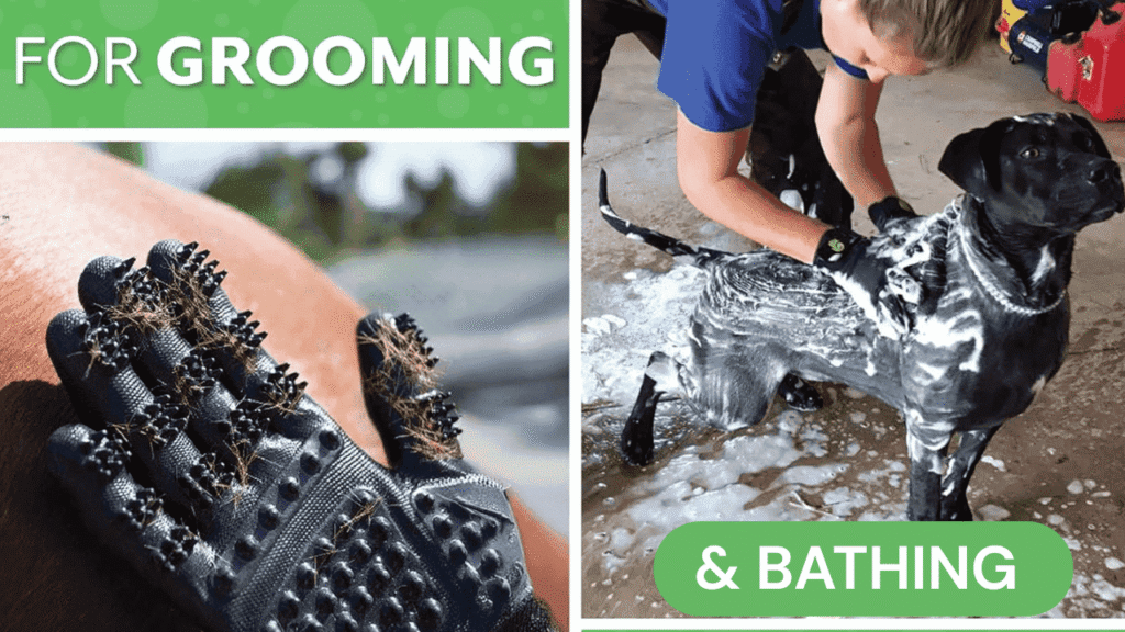 Dog enjoying gentle grooming and bathing  with HANDSON Pet Grooming Gloves."