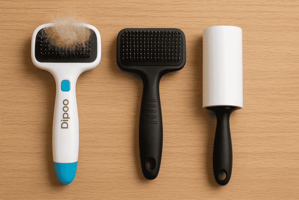 “Dipoo Self Cleaning Shedding Brush compared with traditional pet brush and lint roller.”