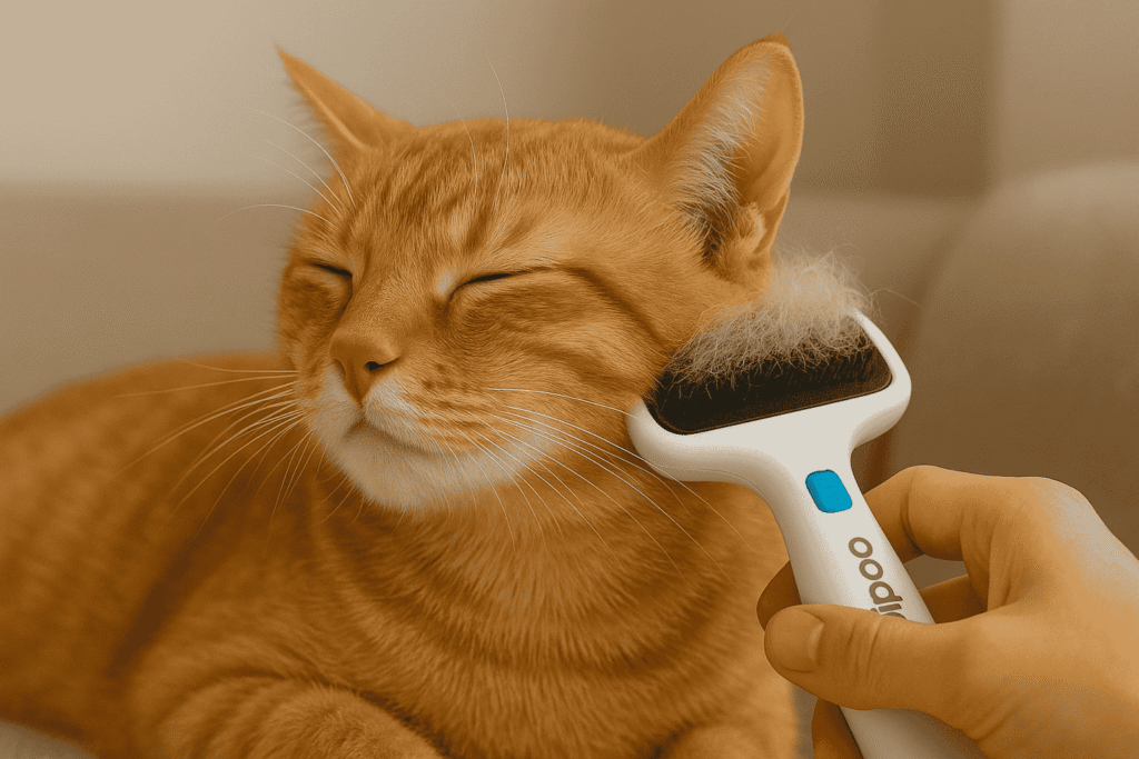 “Cat being groomed with Dipoo Self Cleaning Shedding Brush for stress-free grooming.”