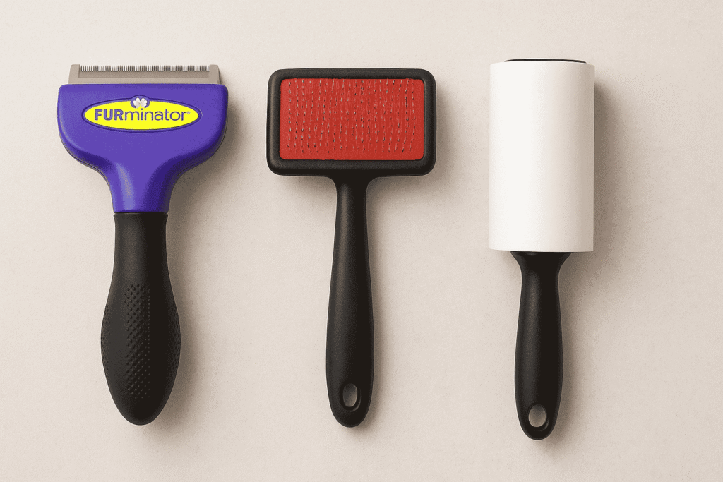 “FURminator vs traditional brush vs lint roller pet hair grooming tools comparison.