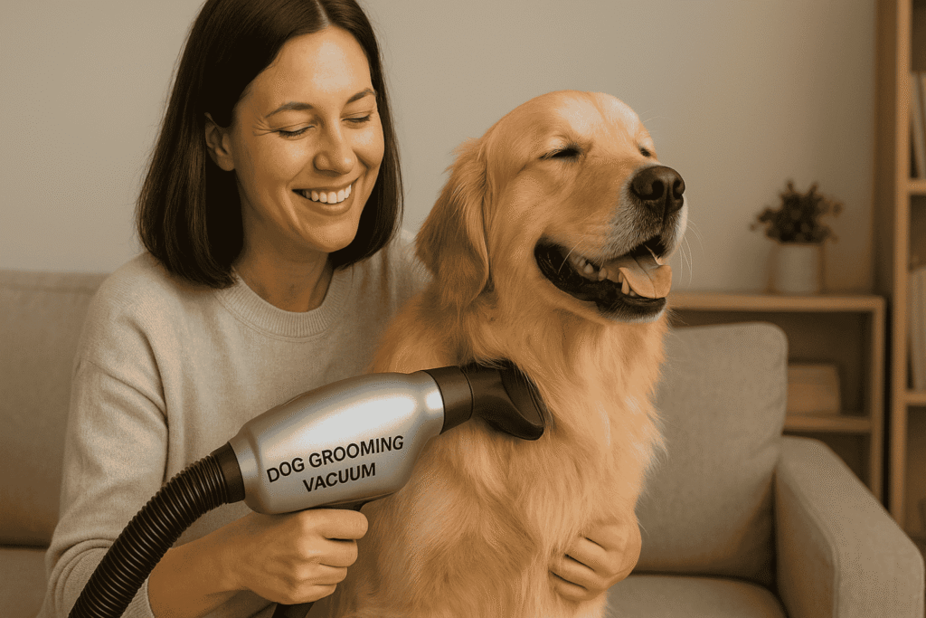 Pet owner grooming their dog with a Dog Grooming Vacuum, showing stress-free fur removal.