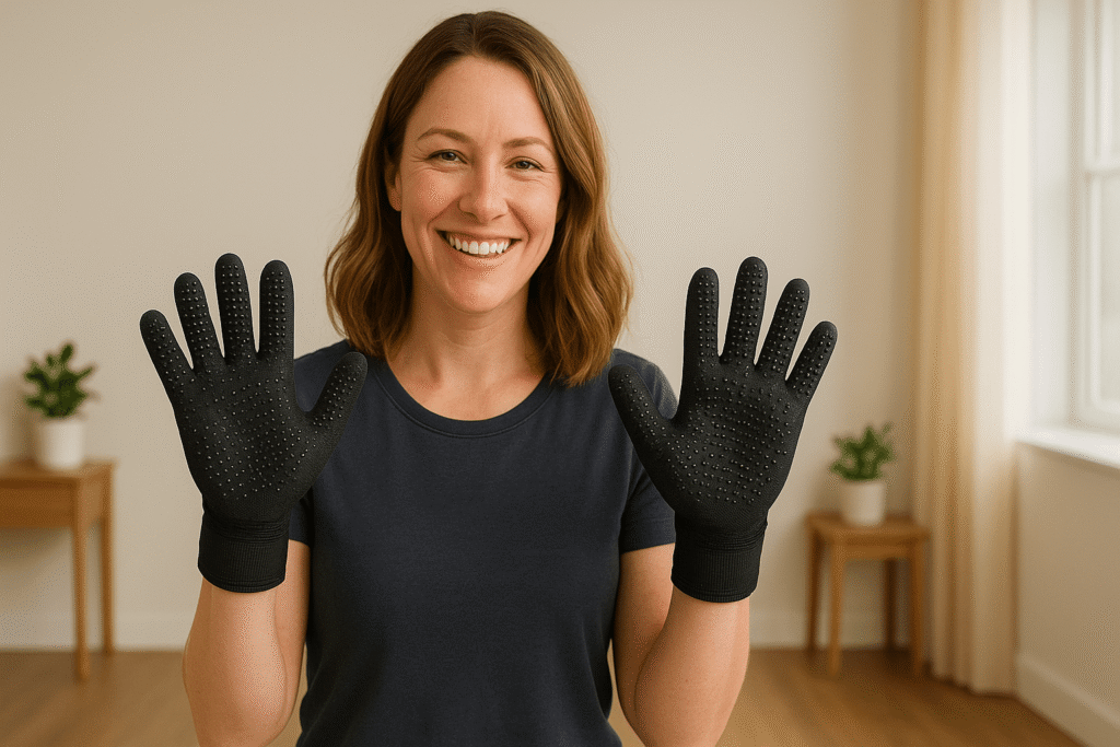 "Pet parent holding HANDSON Pet Grooming Gloves after grooming session."