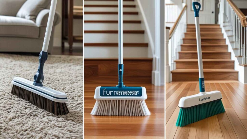 Comparison of top fur remover brooms used on carpet, hardwood, and stairs.