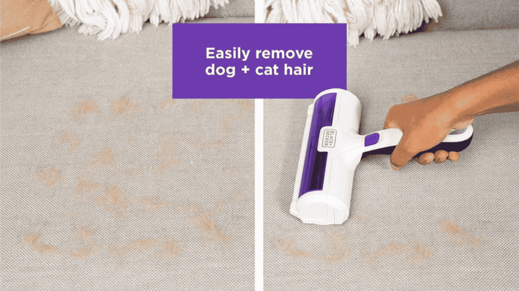 “Before and after cleaning pet hair from sofa with BLACK+DECKER Pet Hair Remover.”