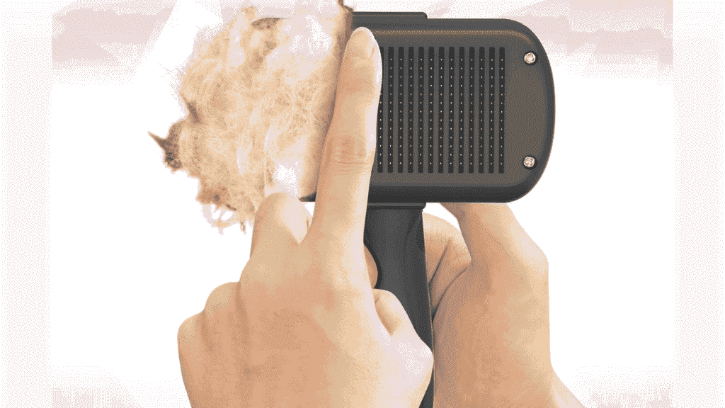 “Dipoo Self Cleaning Shedding Brush one-click fur release button demonstration.”