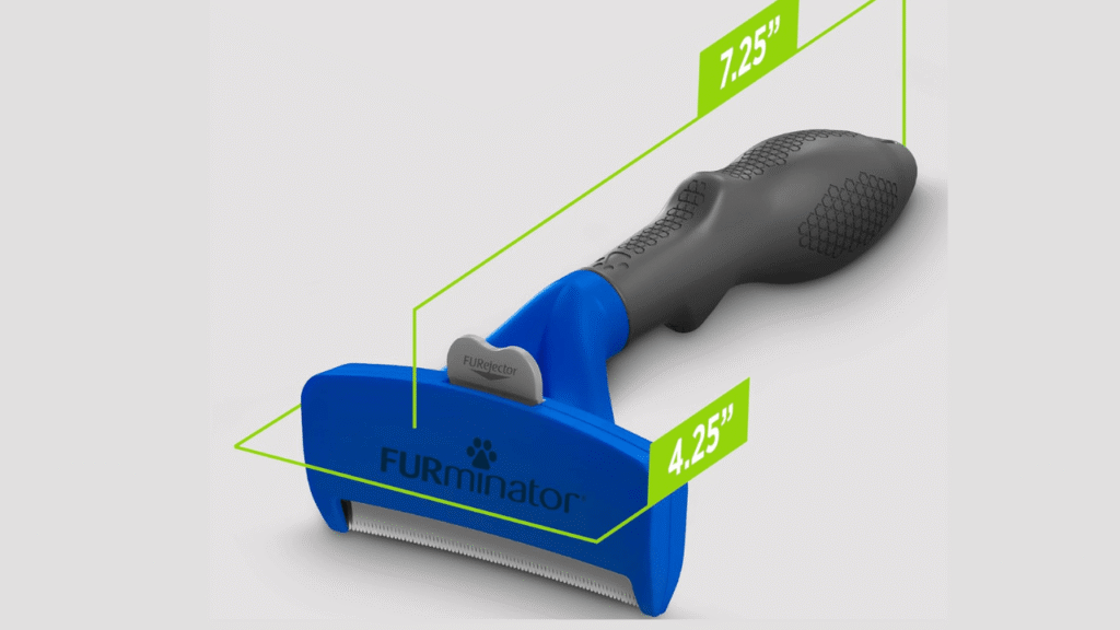 “Close-up of FURminator Undercoat Deshedding Tool showing collected pet fur.”