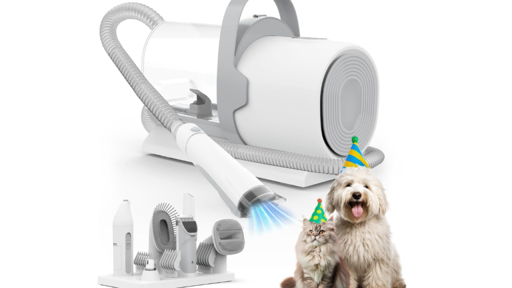 Dog Grooming Vacuum kit with multiple grooming attachments displayed on a table.