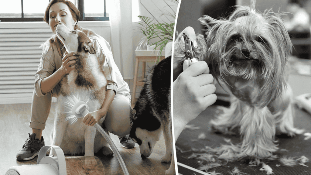 Dog Grooming Vacuum compared with traditional brush and  for pet hair removal.