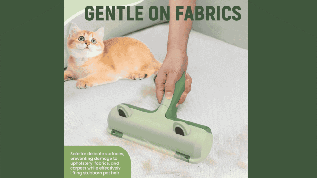 Close-up of roller pet hair remover cleaning pet hair from a fabric couch cushion.