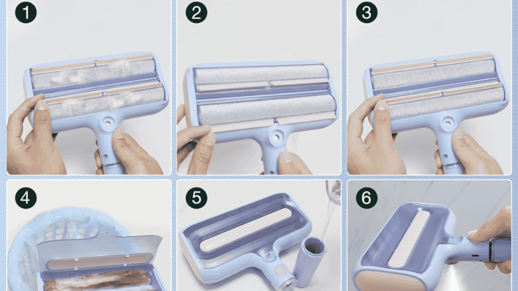 User opening the Double Roller Pet Hair Remover chamber to empty trapped pet fur.