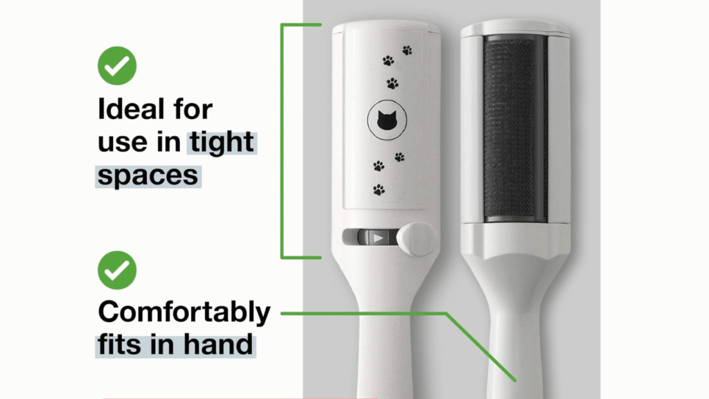 Close-up of Easy Pet Hair Remover showing reusable roller design and built-in fur collection chamber.