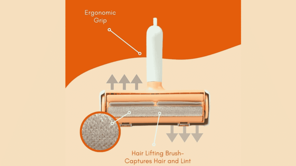 McGeez Pet Hair Remover close-up with collected dog and cat fur inside chamber.