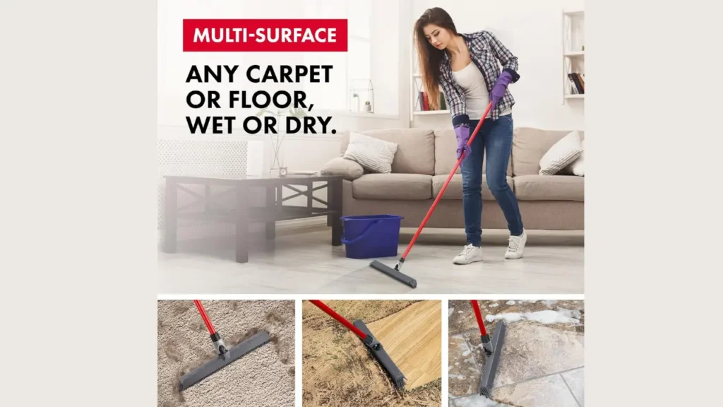 Close-up of silicone rubber broom bristles removing pet hair from a carpet using static charge.