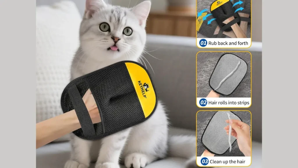 Cat being groomed with Pet Hair Removal Glove for shedding control.
