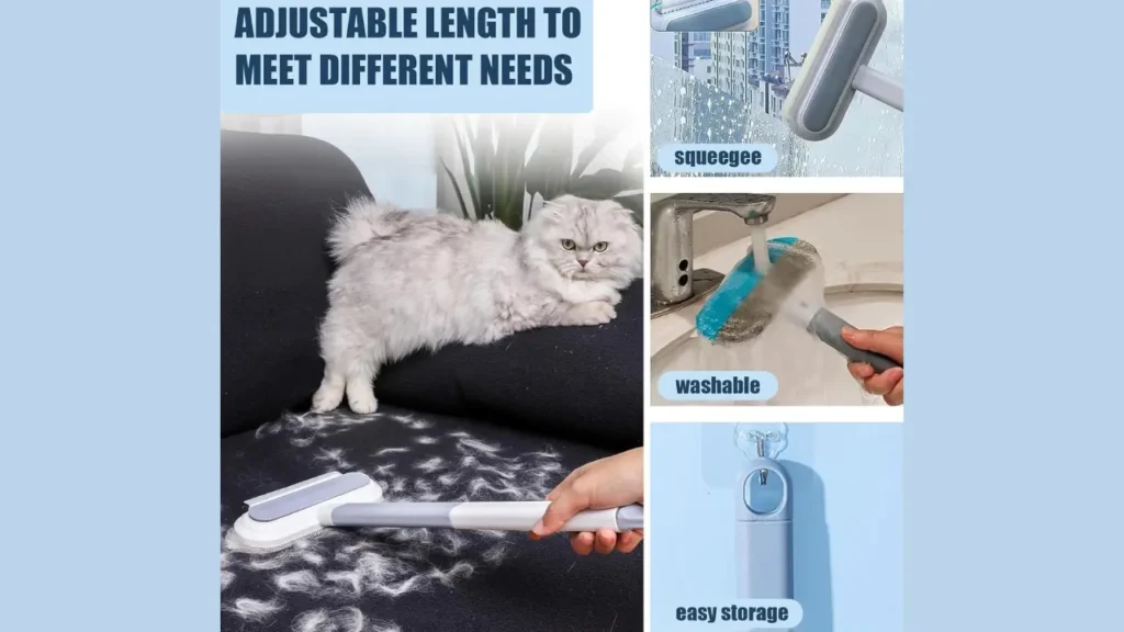 Cat hair remover brush cleaning pet fur from furniture upholstery.
