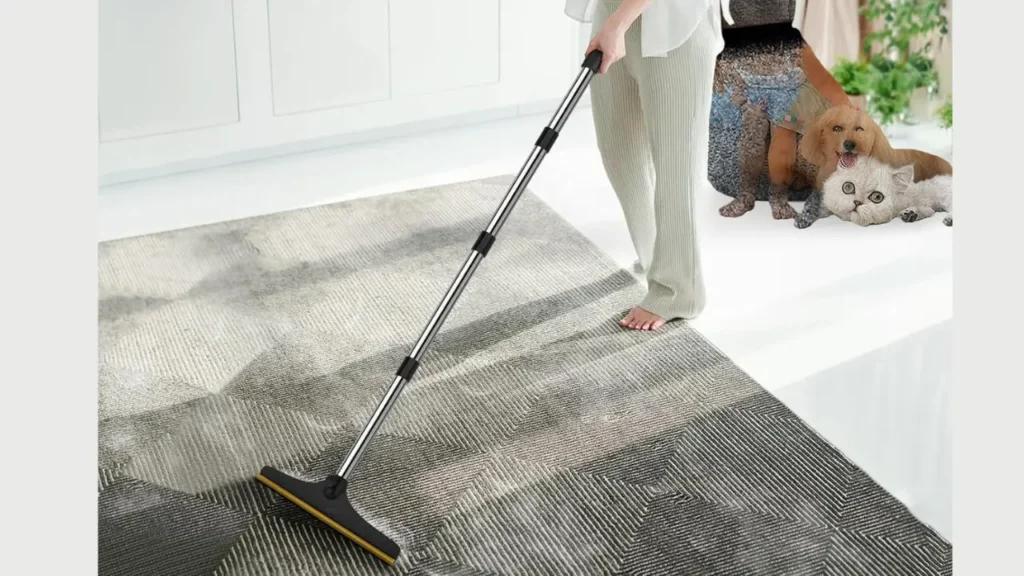 Carpet Rake lifting pet hair from carpet fibers