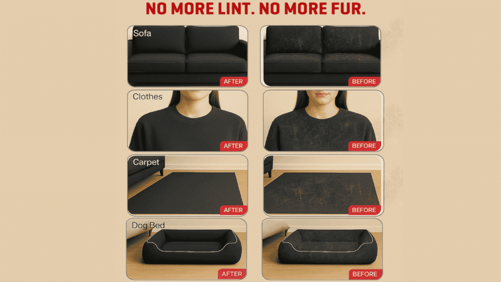 Showing before and after results of Pet Hair Remover Gloves