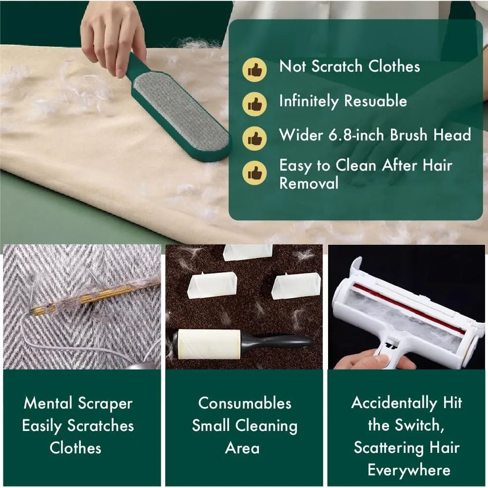 Comparing lint remover brush with sticky rollers and vacuum for pet hair removal.