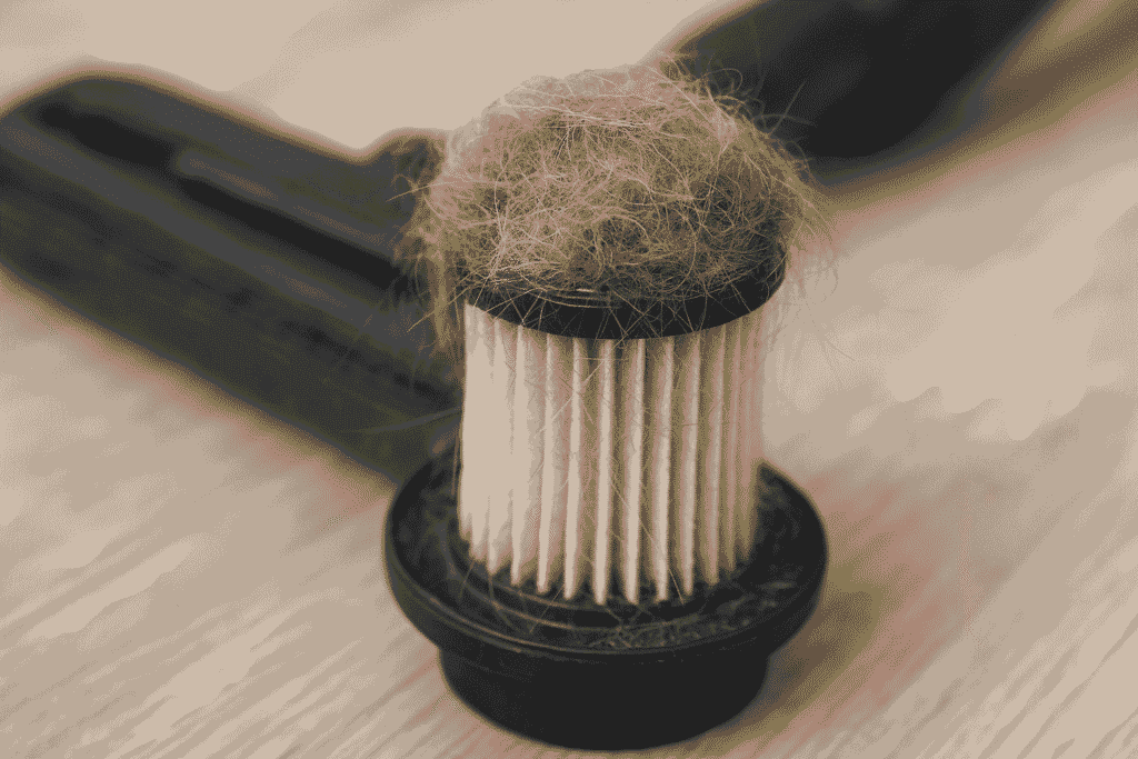 “Pet hair tangled inside a vacuum filter causing reduced suction.”