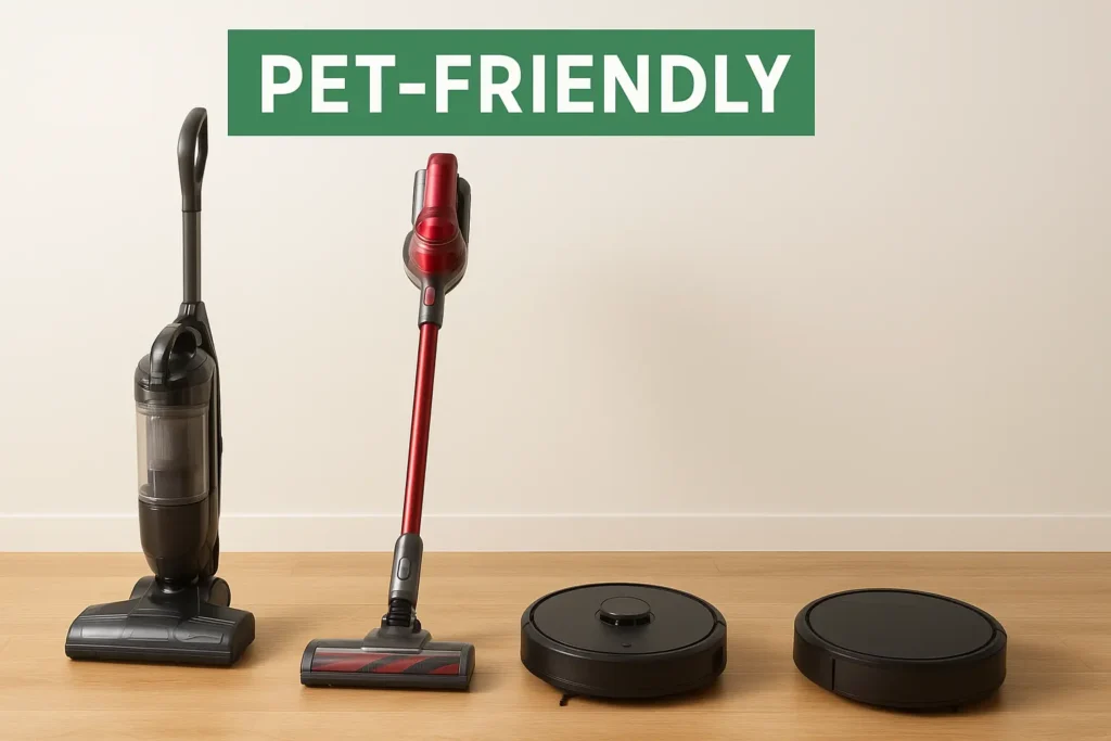 “Different types of pet hair vacuums including upright, cordless, and robot models.”