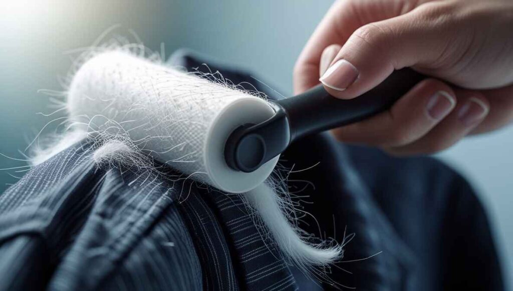 Using a lint roller to remove pet hair from clothing before washing