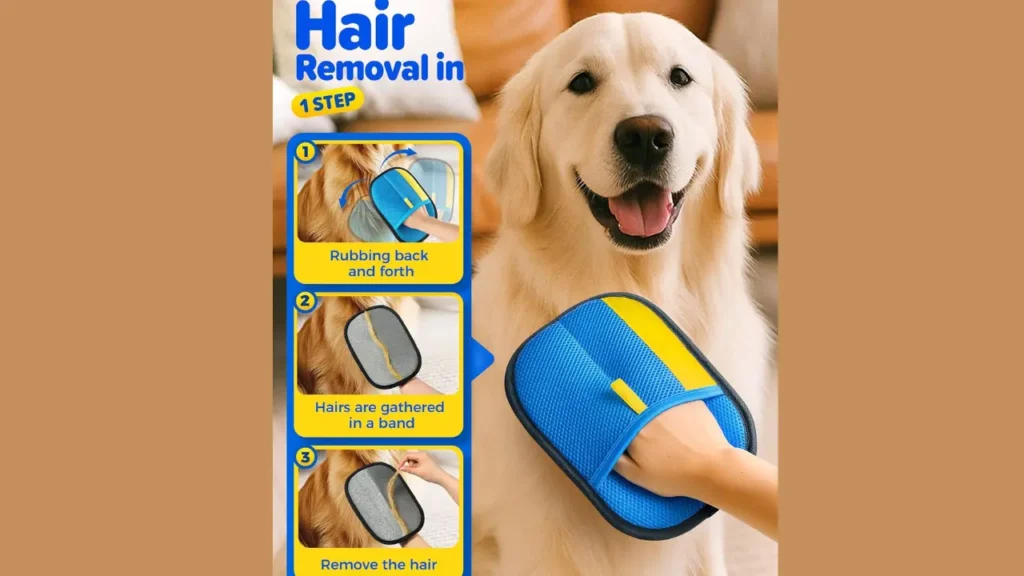 Pet owner grooming a dog using electrostatic gloves with fur collected on gloves