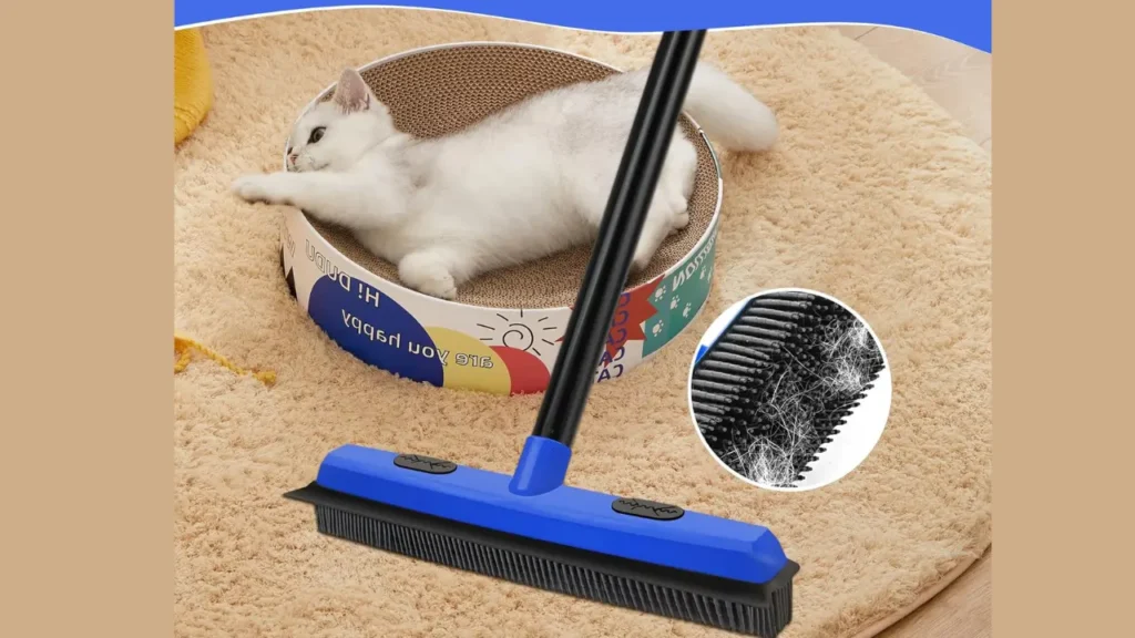 “Dolanx Rubber Broom lifting embedded pet hair from carpet fibers”